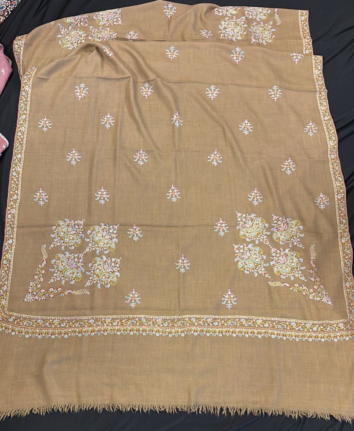 Light Brown Embroidered Shawl with Floral Motifs